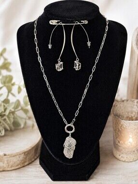 NWT Paperclip Chain Necklace & Crystal Threader Earrings + Raw Quartz Pendant
